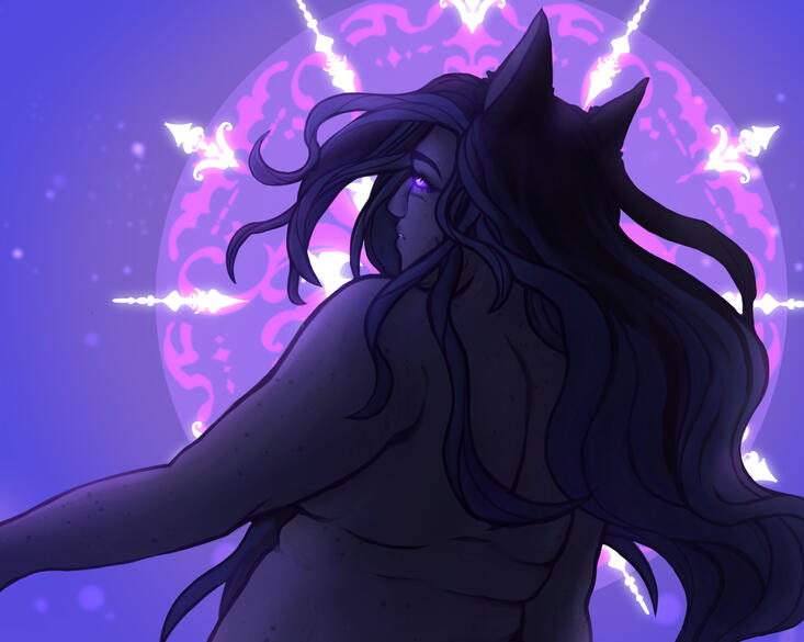 Xavi'ir floating with his back against the viewer against a magic sigil in a purple void, waist up. He is artistically nude, with his long dark hair flowing behind him and eyes glowing without pupils.