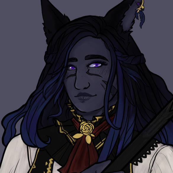 Untitled Basic reference image for Xavi'ir, front facing and smiling against a grey background.