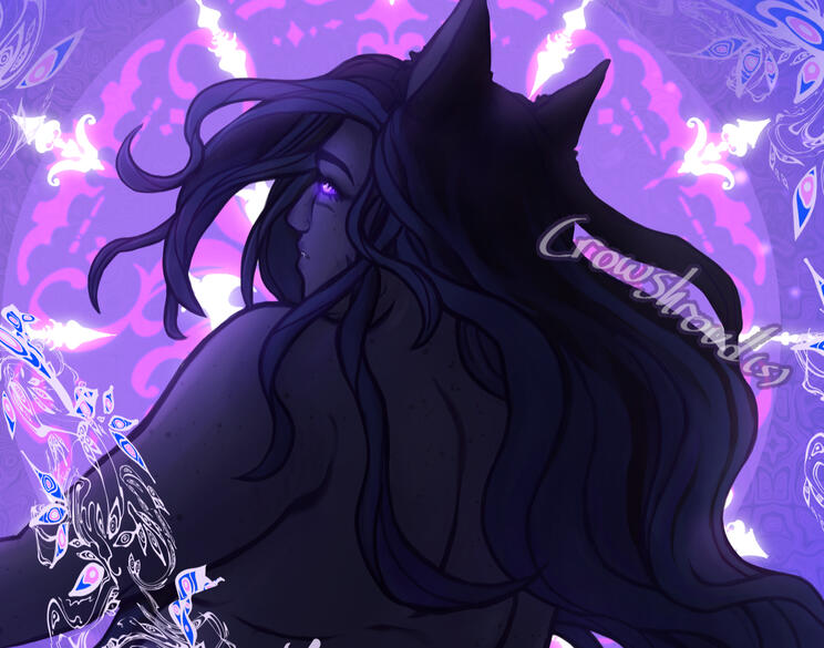 Untitled Xavi'ir floating with his back against the viewer against a magic sigil in a purple void, waist up. He is artistically nude, with his long dark hair flowing behind him and eyes glowing without pupils.