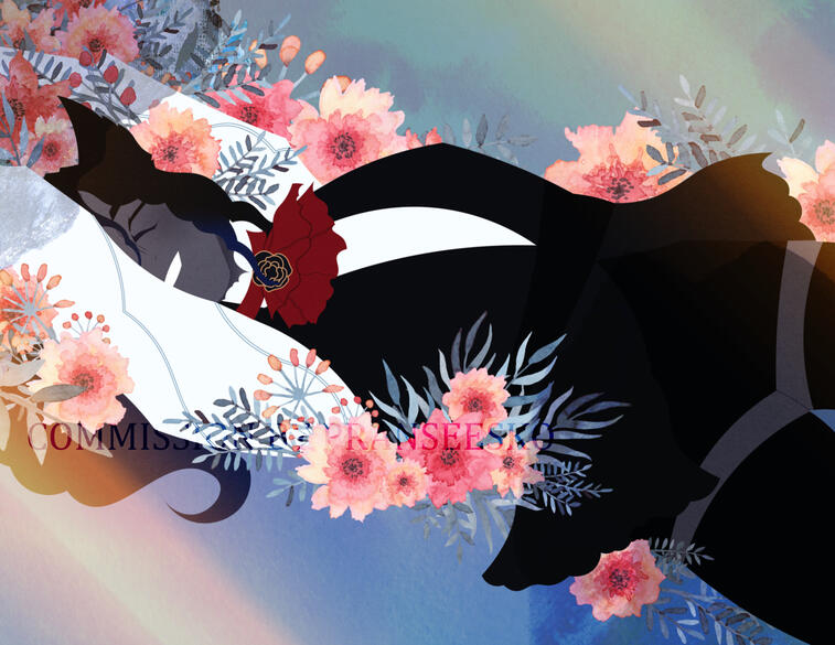 Untitled Lineless illustration of Xavi'ir laying horizontally against a light blue abstract background, surrounded by flowers and sunbeams. He is smiling, and his eyes are closed with his arms raised on either side of his head.