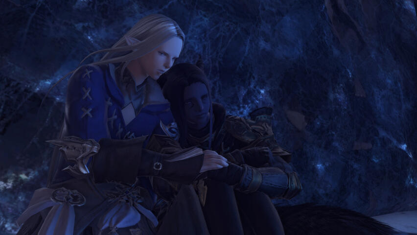 Scion Ysayle AU - Canon for Xavi'ir In game screenshot of Xavi'ir and Ysayle leaning against each other for warmth in a dark icy cave. Xavi'ir looks fearful and Ysayle looks resolute, if a bit uncertain too. This takes place after Xavi'ir saves her as an AU in Heavensward.