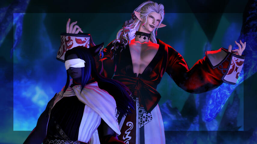 Xavi'ir & ??? In game screenshot of Xavi'ir and an "elezen", floating behind him in a dark cave. Xavi'ir is calm, with a white bandage blindfold. The elezen behind him is an albino man wearing red and white open chested robes with big sleeves, looking nefarious.