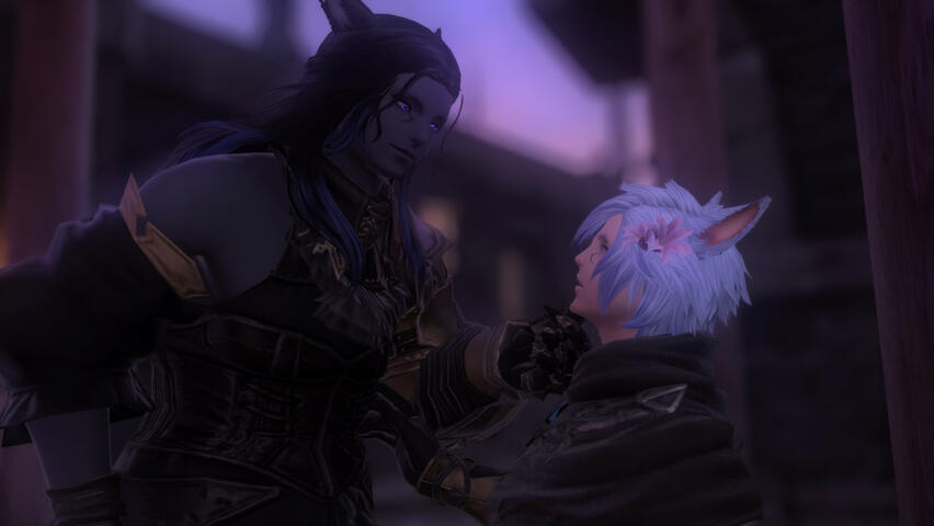 In game screenshot of Xavi'ir and Y'xhula. Xavi'ir has his hand tilting Y'xhula's chin up to look at him, pressing him up against a wall. Xavi'ir looks smug, and Y'xhula looks flustered, but pleased.