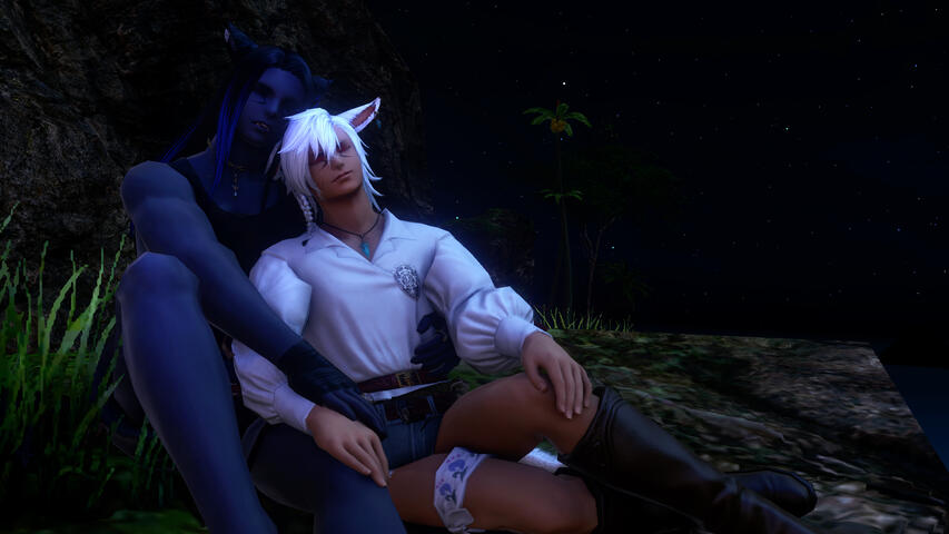 Untitled In game screenshot of Xavi'ir and another catboy M'rinha resting together on the edge of a cliff at night. M'rinha has tanned darker skin and white hair, and wears a white tunic and short shorts with black knee boots.