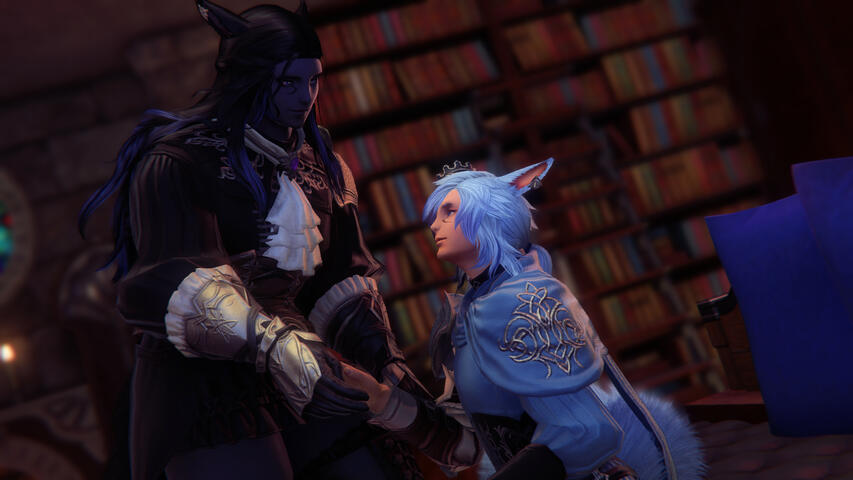 Prince & Knight AU FT. Y'xhula In game screenshot of Xavi'ir and another catboy: Y'xhula. A royalty and knight AU. Xavi'ir is in very frilly armour standing, holding a hand out for Y'xhula to take to help him stand. Y'xhula, a pale light blue haired catboy in a fancy corset and crown is