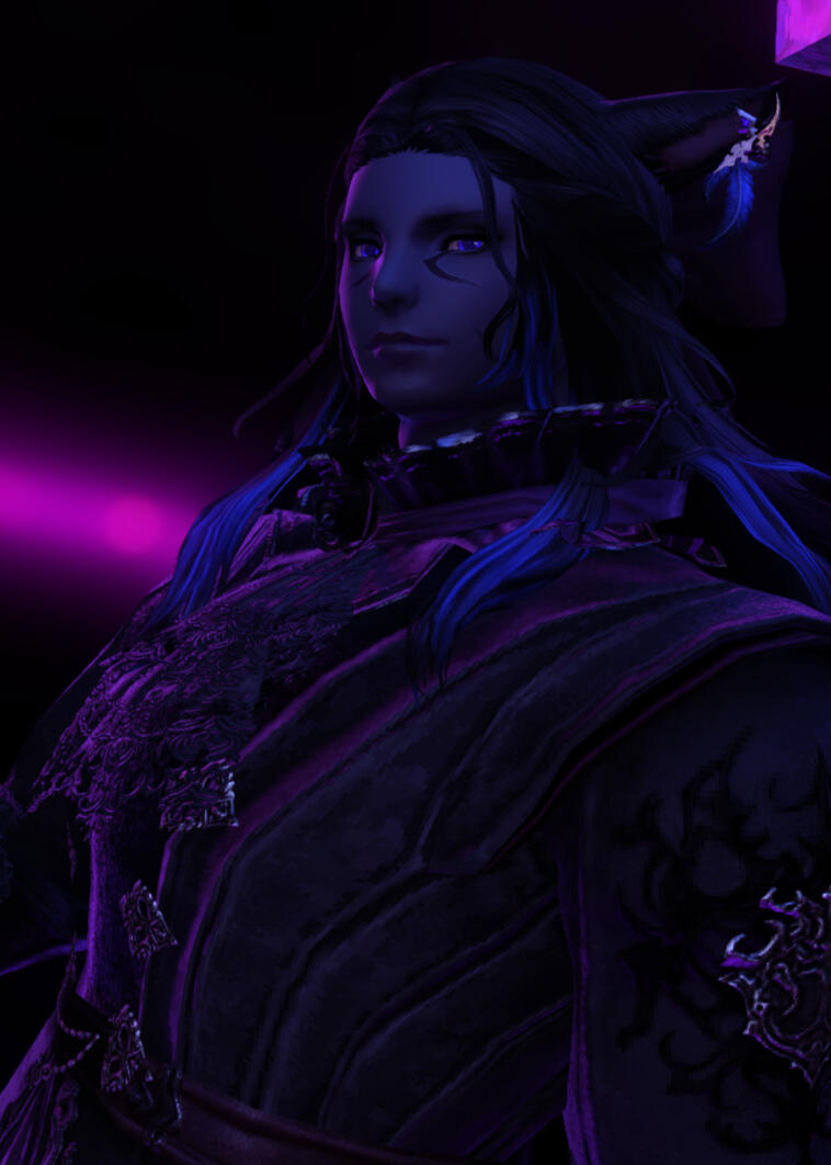 In game screenshot of Xavi'ir, a dark grey-blue skinned catboy in a dark purple coat looking down at the viewer - against a black background with a dark pink light far in the distance.