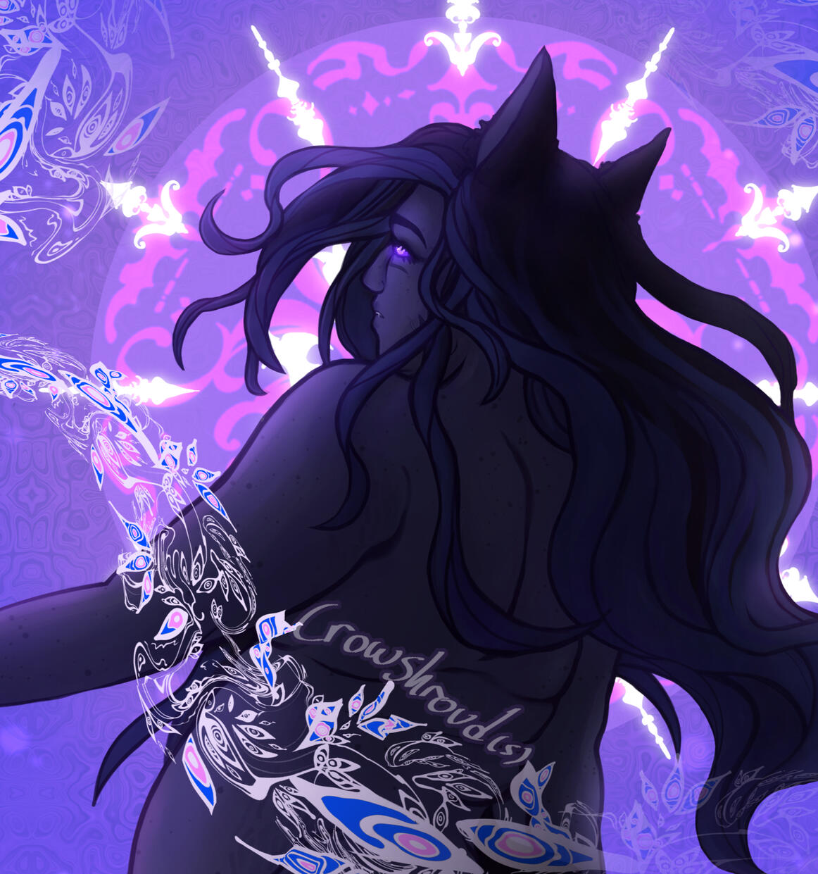 In game screenshot of Xavi'ir, a dark grey-blue skinned catboy in a dark purple coat looking down at the viewer - against a black background with a dark pink light far in the distance.