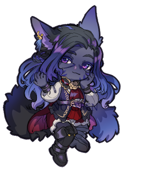 Small chibi drawing of Xavi'ir looking coy, his left hand against his cheek and his right arm at 90 degrees, empty hand held up in the air.