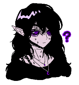 Small pixel drawing of a pale elf with long black hair, a black top, and purple eyes looking surly and confused, sweating. There is a purple question mark next to him.